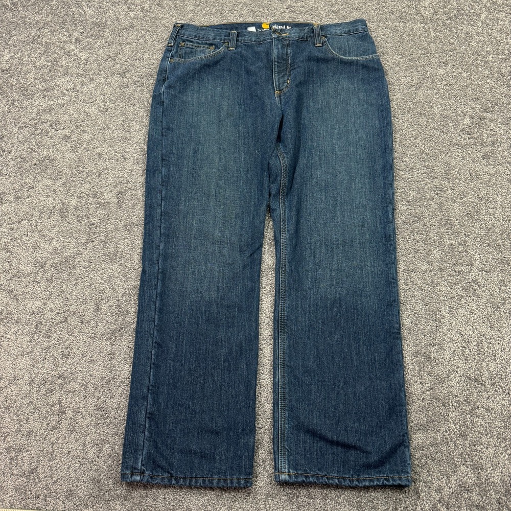 Carhartt Jeans Mens 38x30 Blue Relaxed Fit Lined Straight Medium Wash Denim Work
